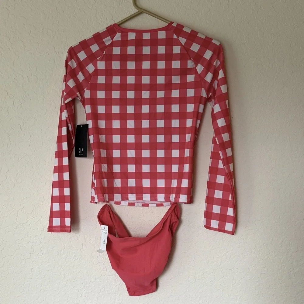 NWT GAP Girls Swimsuit Rashguard Swim Set XL UPF Gingham Pink White New 2 Piece